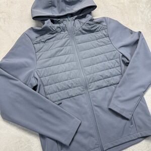 ASICS Jacket Mens Large Hooded Puffer Softshell Blue Gray Athletic Running Light